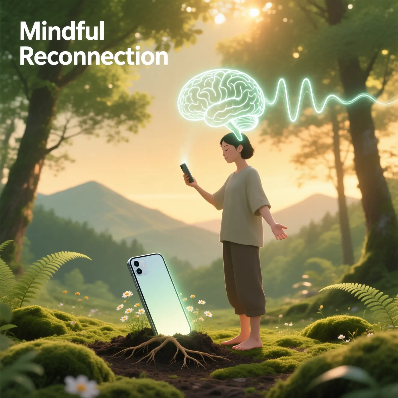 디지털 디톡스 - 스마트폰을 내려놓고 자연 속에서 평온을 되찾는 사람, 뇌 건강과 집중력 회복을 상징하는 일러스트