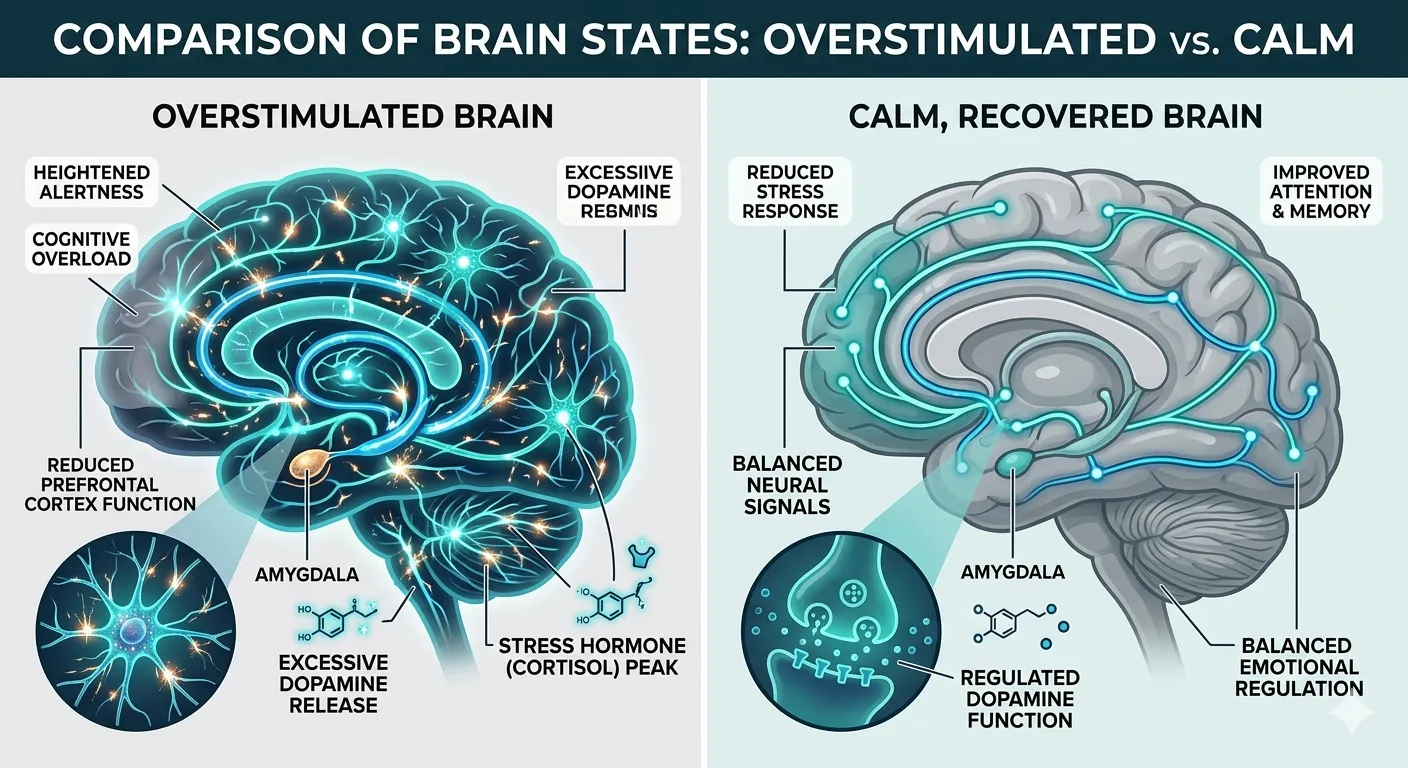 Scientific illustration comparing an overstimulated brain vs. a calm, recovered brain, showing neural pathways and dopamine circuits in teal and blue
