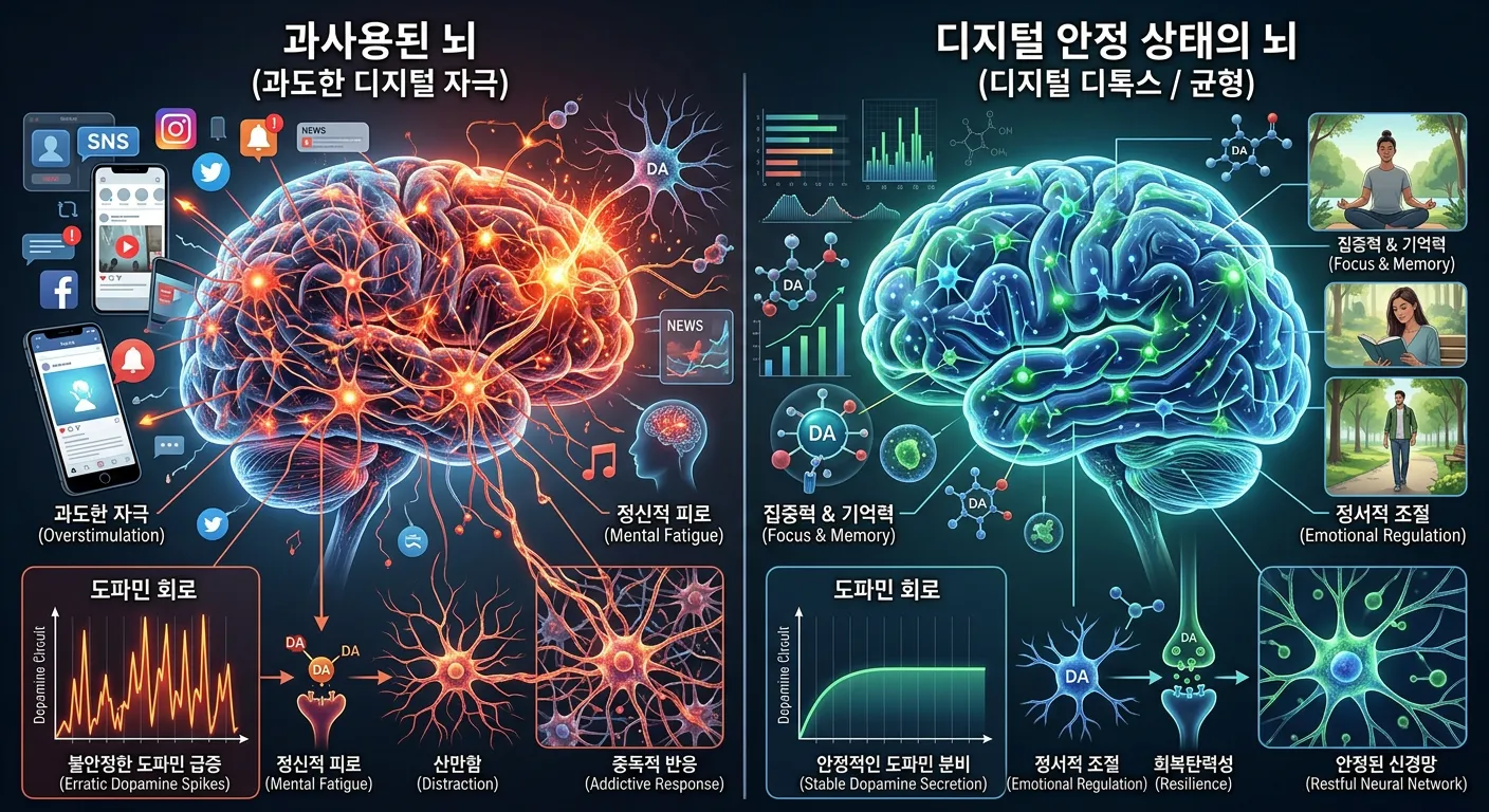 과사용된 뇌와 디지털 안정 상태의 뇌를 비교한 과학 일러스트, 신경 연결과 도파민 회로 시각화