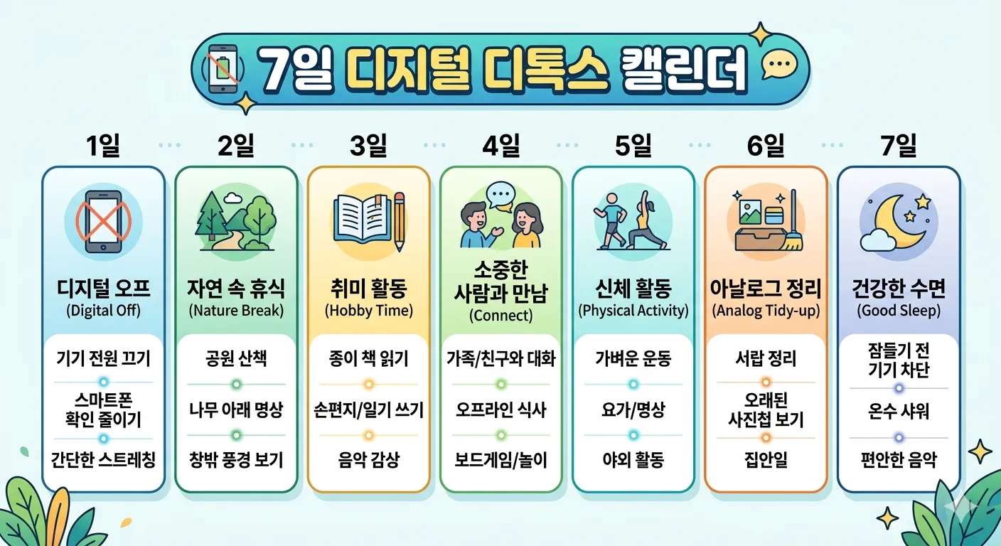 7일 디지털 디톡스 캘린더 인포그래픽, 날마다 실천 활동이 정리된 깔끔한 디자인