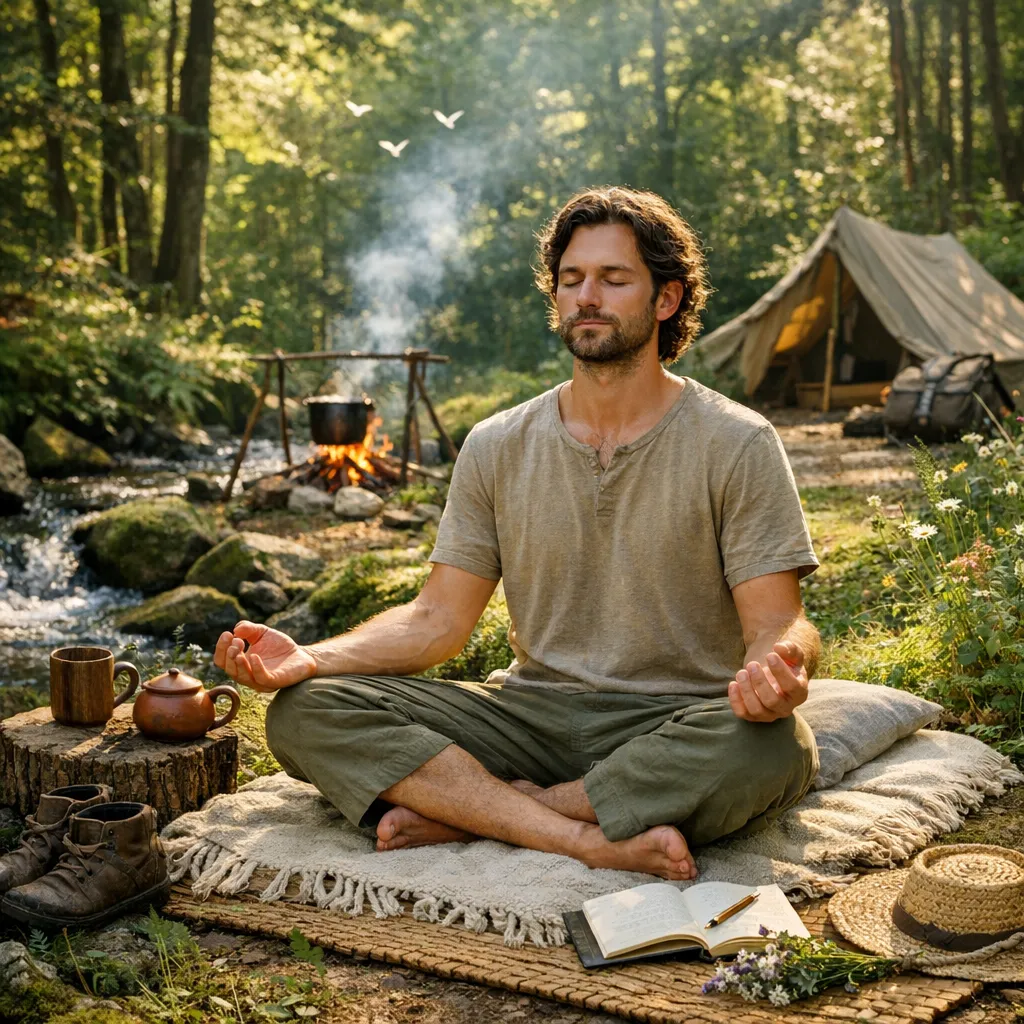 스마트폰 없이 숲 속에서 명상하는 사람, 디지털 없는 자연 속 휴식과 웰빙 라이프스타일
