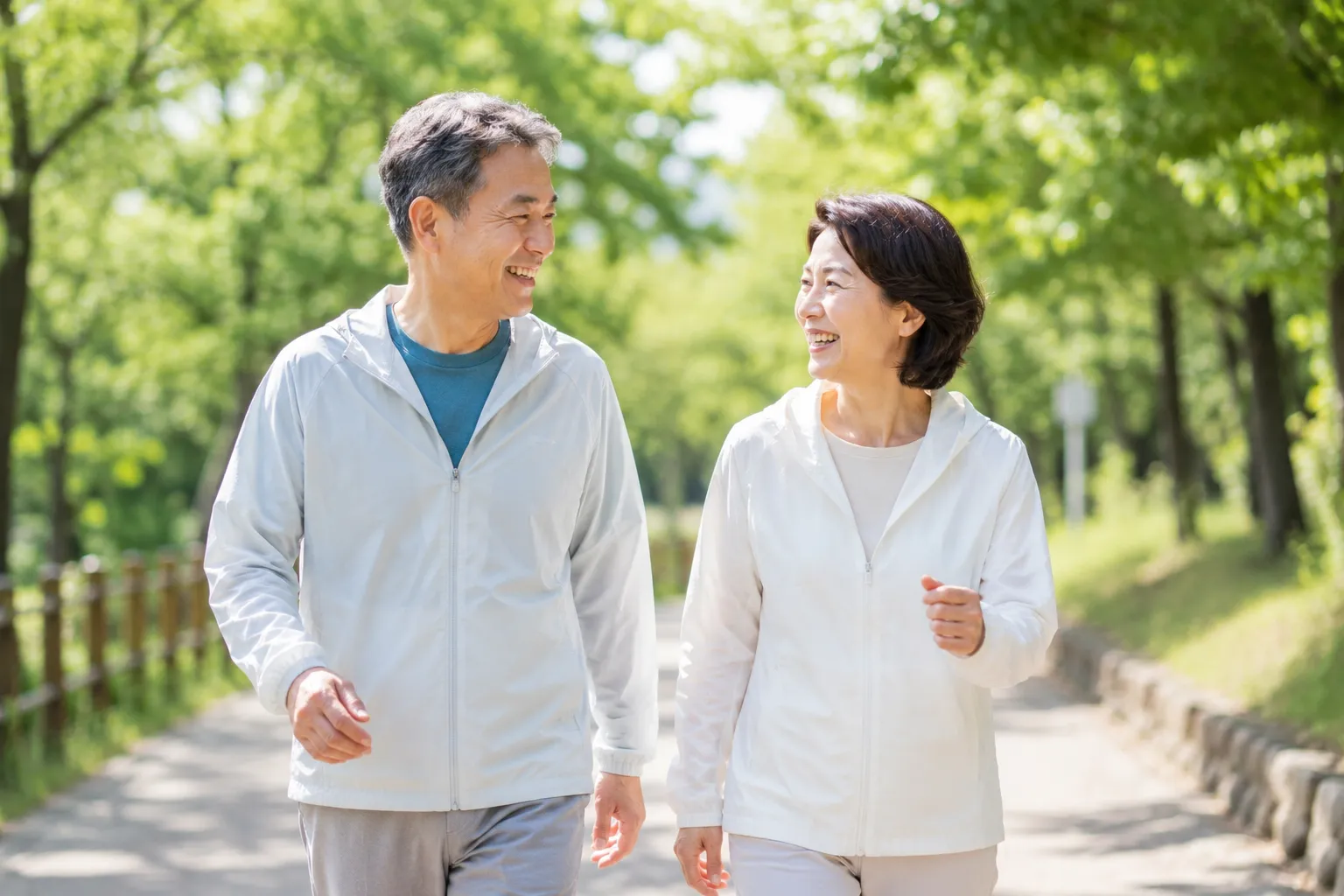 50·60대 중년 부부가 공원에서 활기차게 걷고 있는 건강한 노후 생활 이미지