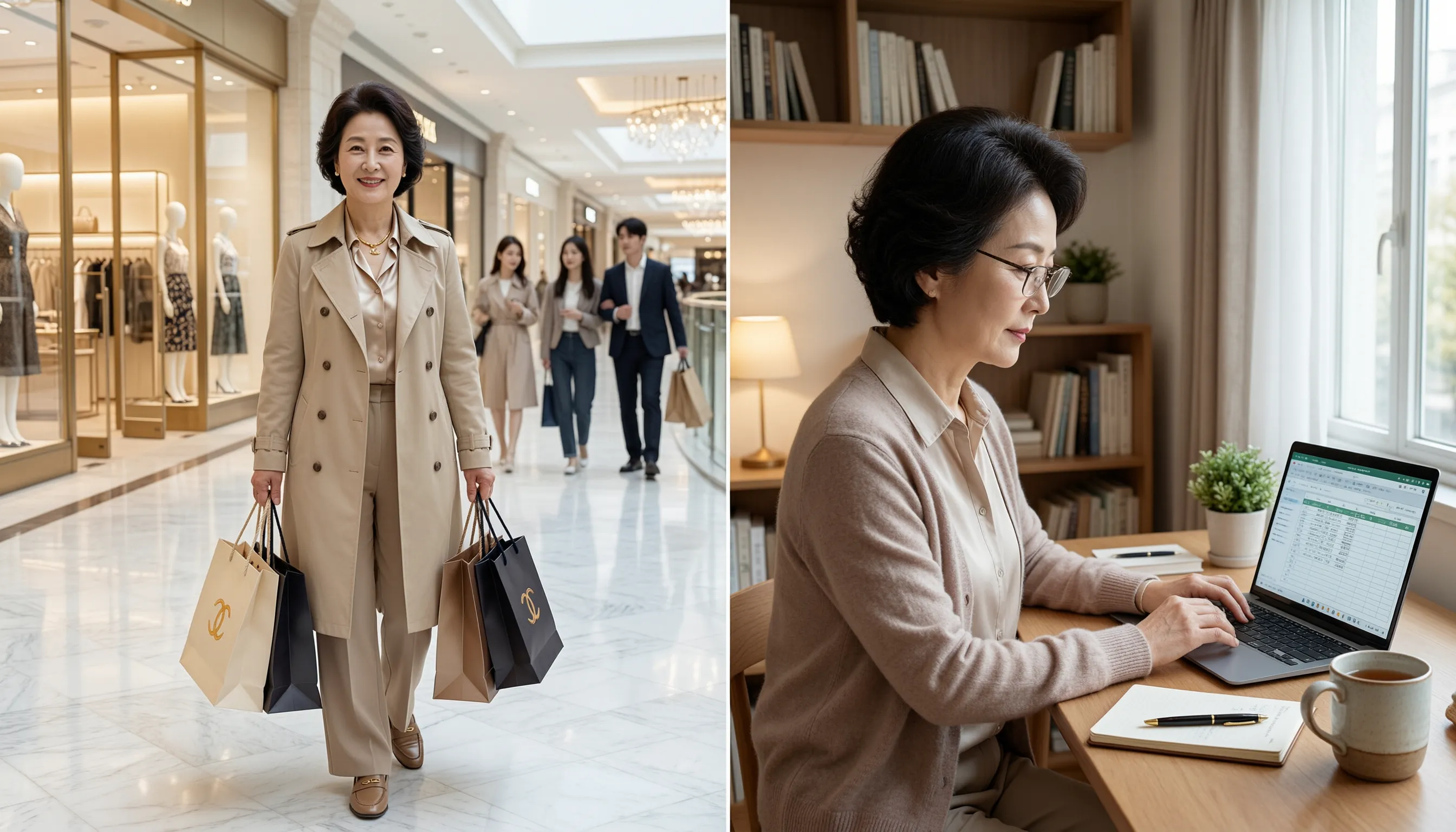 50대 여성이 충동적으로 쇼핑하는 장면 - 감정적 소비의 위험성을 보여주는 이미지