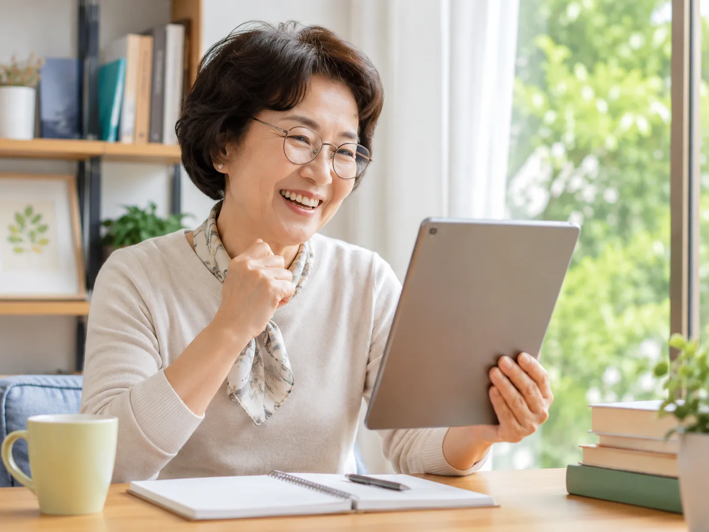60대 여성이 태블릿으로 온라인 강의를 들으며 새로운 것을 배우는 즐거운 모습