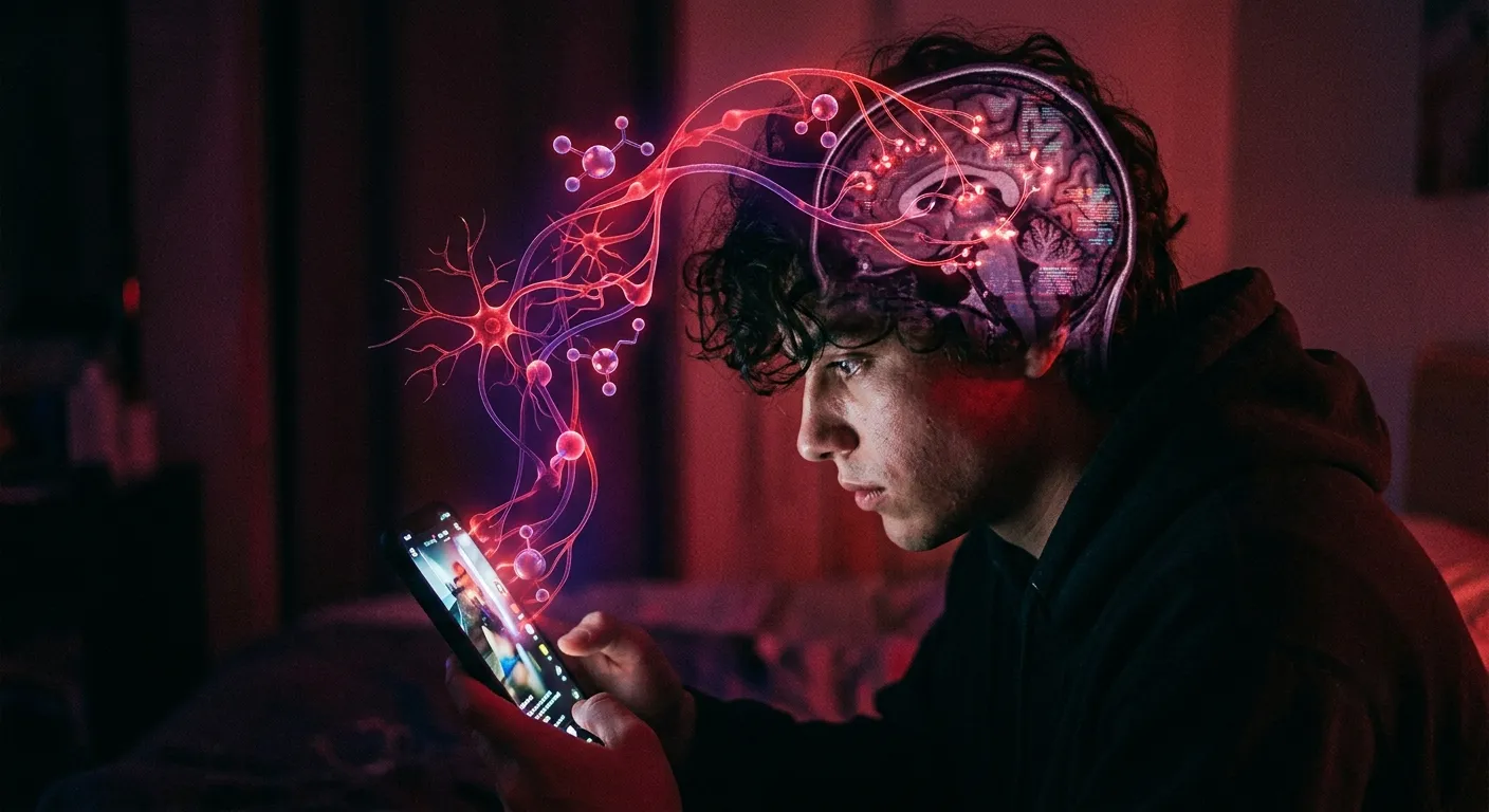 Person scrolling short-form videos on a smartphone while dopamine neural circuits activate in the brain — visual representation of social media addiction and the brain reward system
