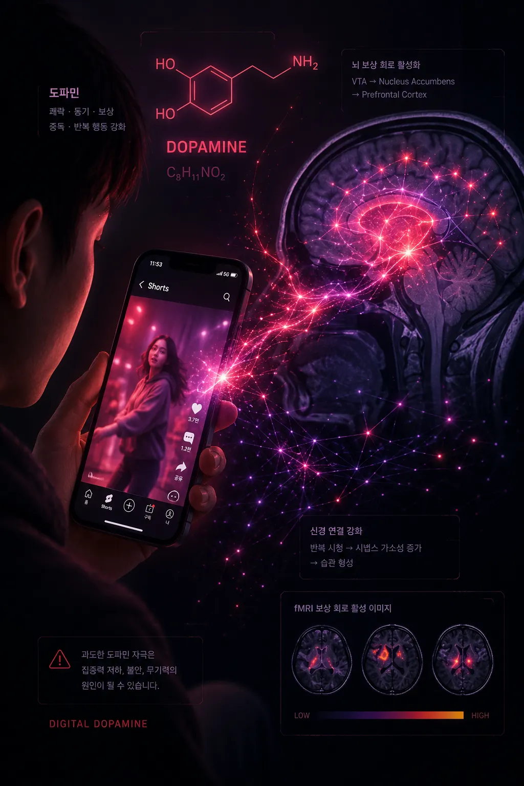 스마트폰을 응시하는 현대인의 뇌에서 도파민 신경회로가 활성화되는 신경과학 시각화 이미지 — 숏폼 중독과 뇌 보상 시스템의 연관성 설명