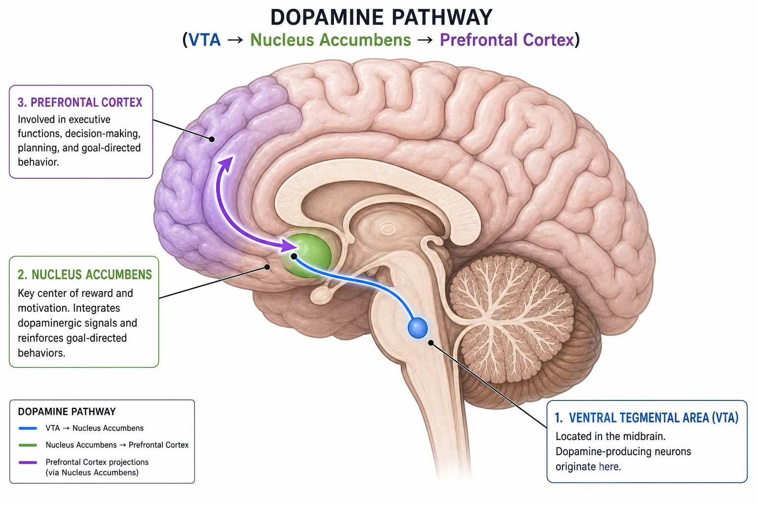 Neuroscience illustration showing the brain dopamine reward pathway — ventral tegmental area (VTA) connecting to nucleus accumbens and prefrontal cortex via the mesolimbic system