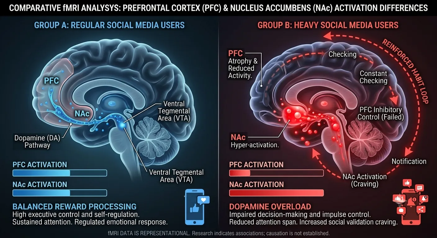 fMRI brain scan comparison between regular users and heavy social media users — showing differences in prefrontal cortex activation and nucleus accumbens hyper-response patterns