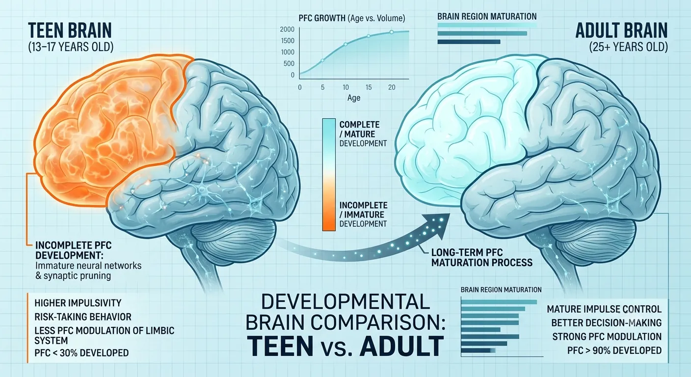 Neurodevelopmental comparison of teen vs adult brain highlighting incomplete prefrontal cortex maturation — orange-shaded regions indicating underdeveloped areas in the adolescent brain
