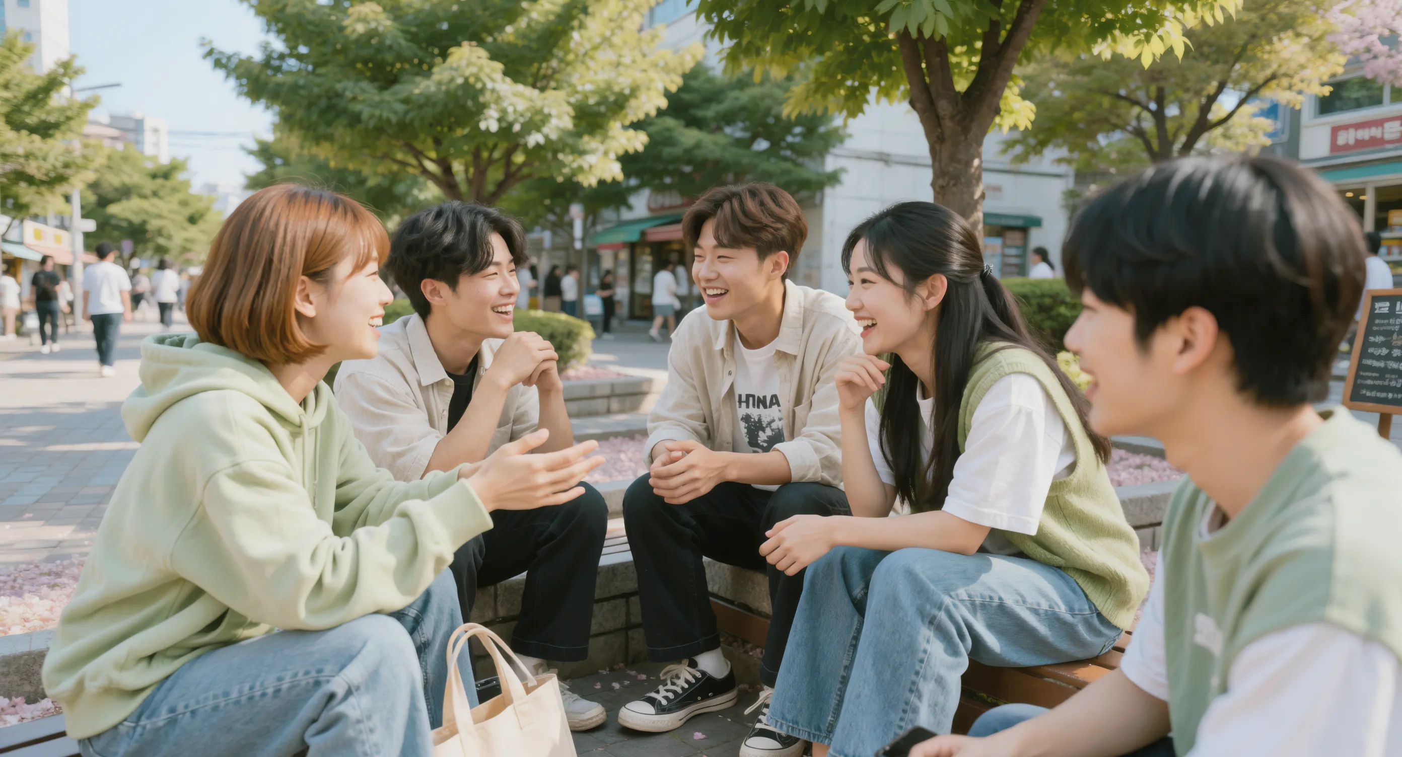 Young people talking face-to-face without smartphones in a city park — representing the recovery of offline social activity and quality of life following a digital detox