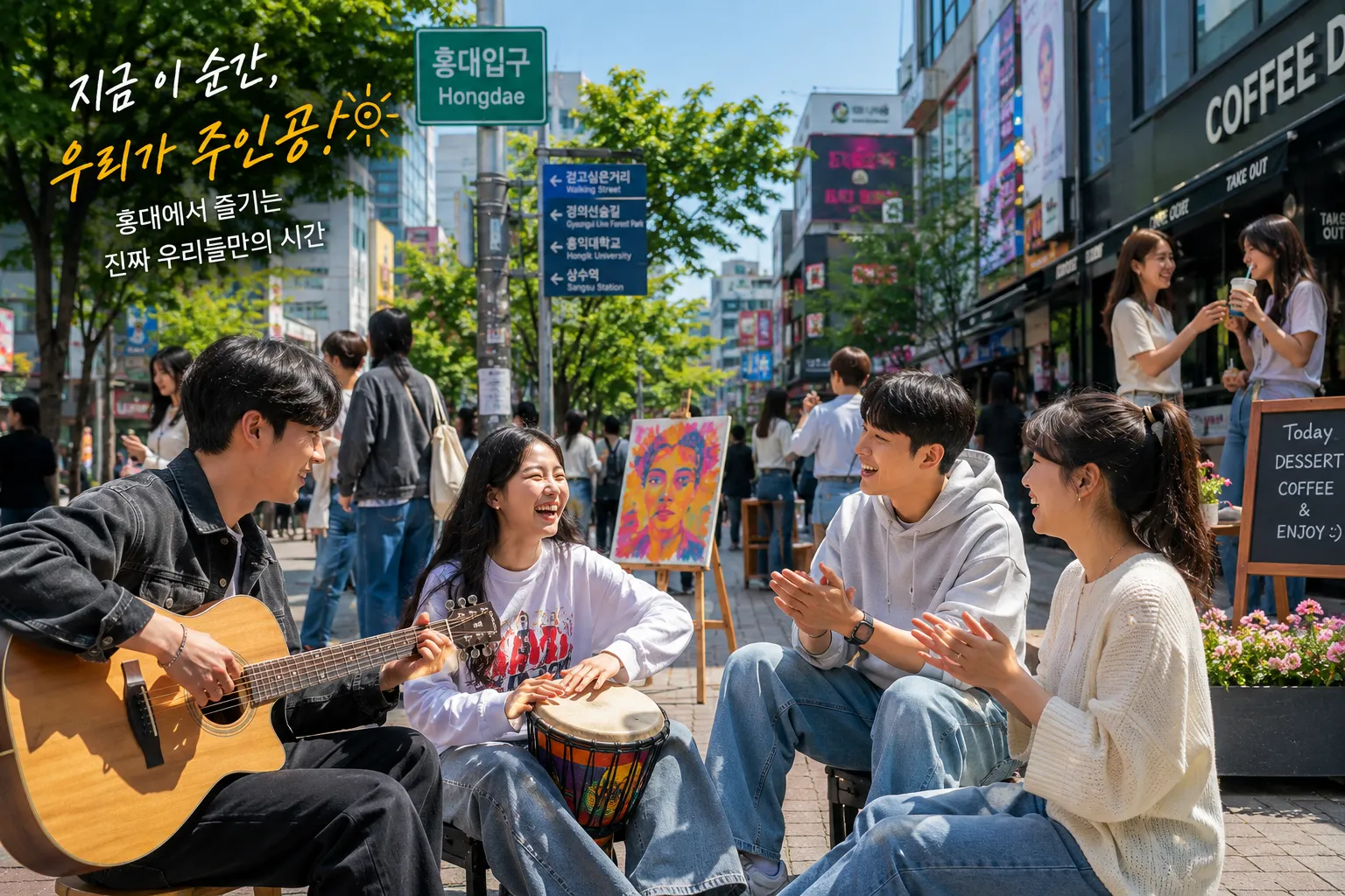 서울 홍대 거리에서 스마트폰 없이 대화를 나누는 MZ세대 젊은이들 — 도파민 디톡스 트렌드와 오프라인 사회활동 회복을 보여주는 생활 장면