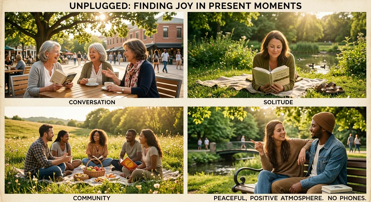 Young people laughing and talking with friends in a park without smartphones — warm lifestyle photograph symbolizing the recovery of quality of life and genuine connection after a digital detox