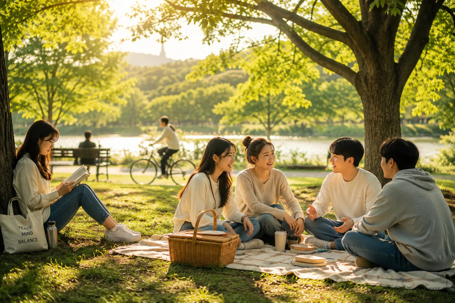 스마트폰 없이 공원에서 친구들과 대화하며 웃는 젊은이들 — 도파민 디톡스 이후 자연스럽게 회복되는 대면 관계와 삶의 질 개선을 상징하는 따뜻한 생활 사진
