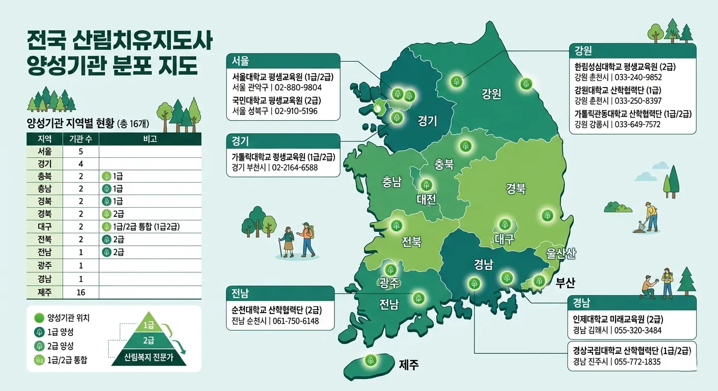 전국 산림치유지도사 양성기관 분포 지도 — 서울, 경기, 강원, 전남, 경남 등 16개 기관 위치