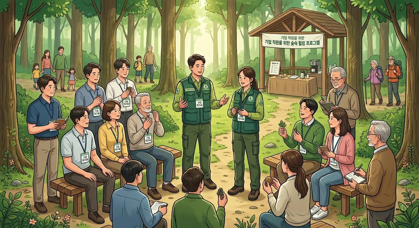 기업 직원들을 대상으로 숲속 힐링 워크숍을 이끄는 산림치유지도사 — ESG 복리후생 프로그램