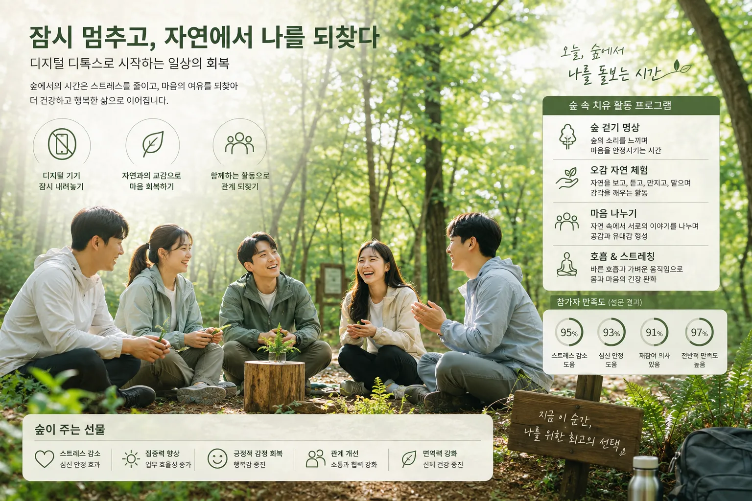 젊은 직장인들이 디지털 기기를 내려놓고 치유의 숲에서 산림치유 활동에 참여하는 모습