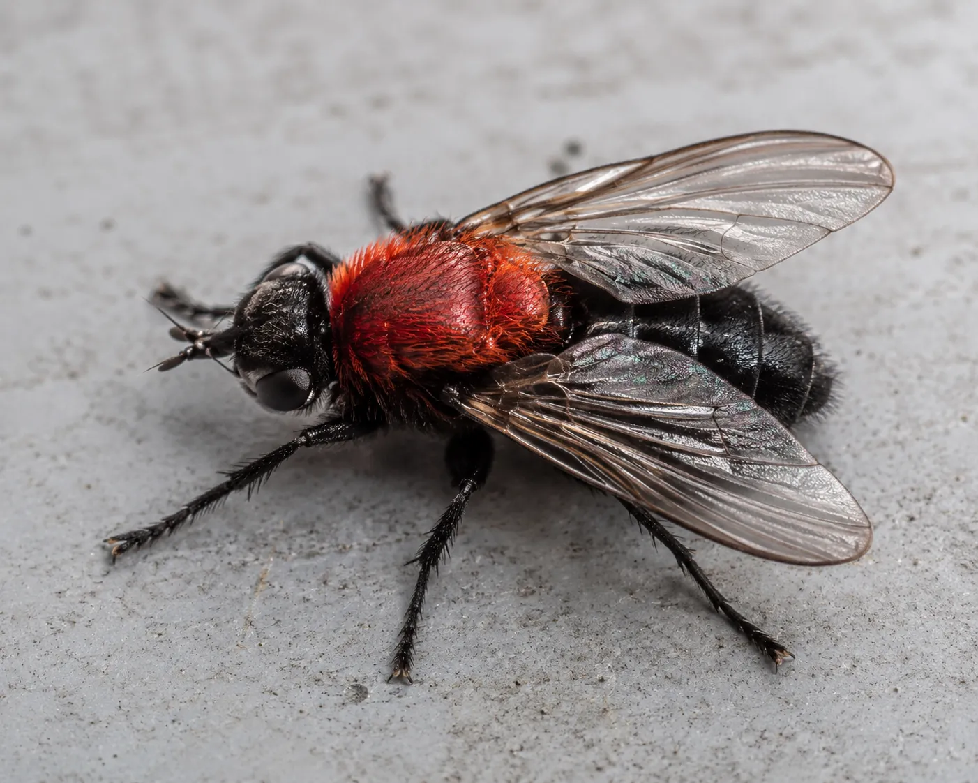 Macro close-up of a mating pair of Love Bugs (Plecia longiforceps). The red thorax and black abdomen are clearly visible, with the two insects flying in tandem — the behavior that gave them the name 'Love Bug.'