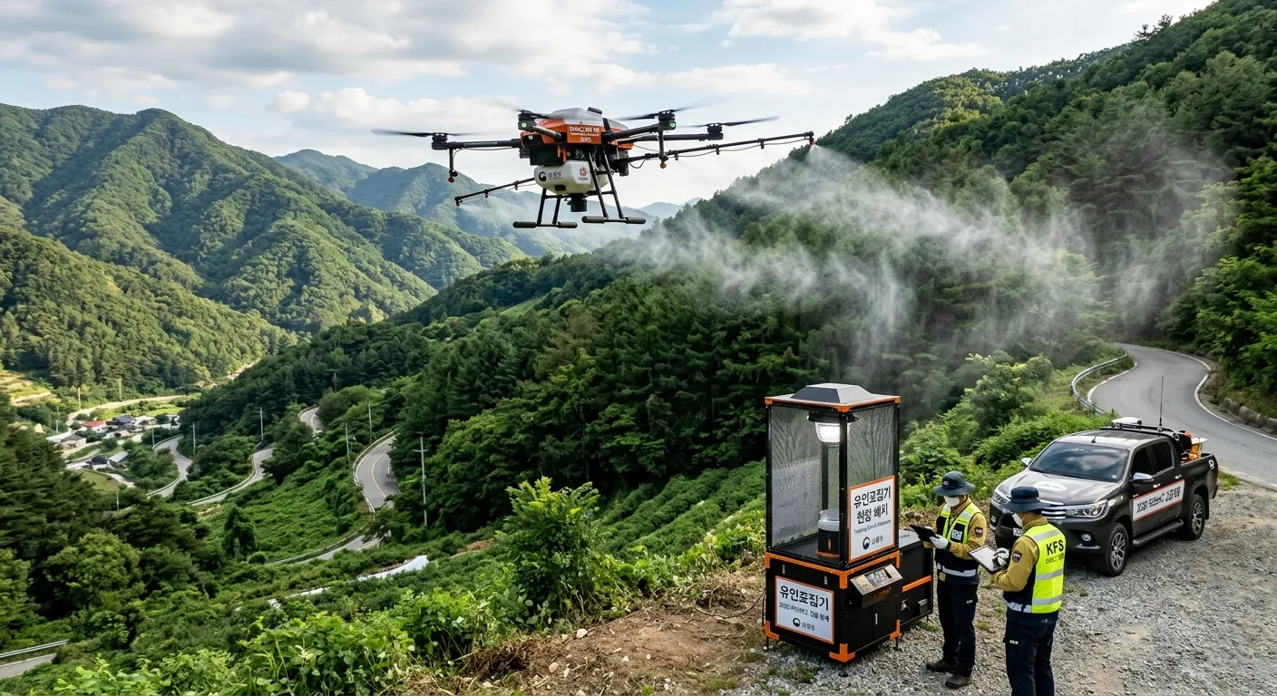 An agricultural drone with water tank spraying Bti biological control agent over a forested hillside, representing Korea's 2026 preemptive Love Bug control program before adult emergence.