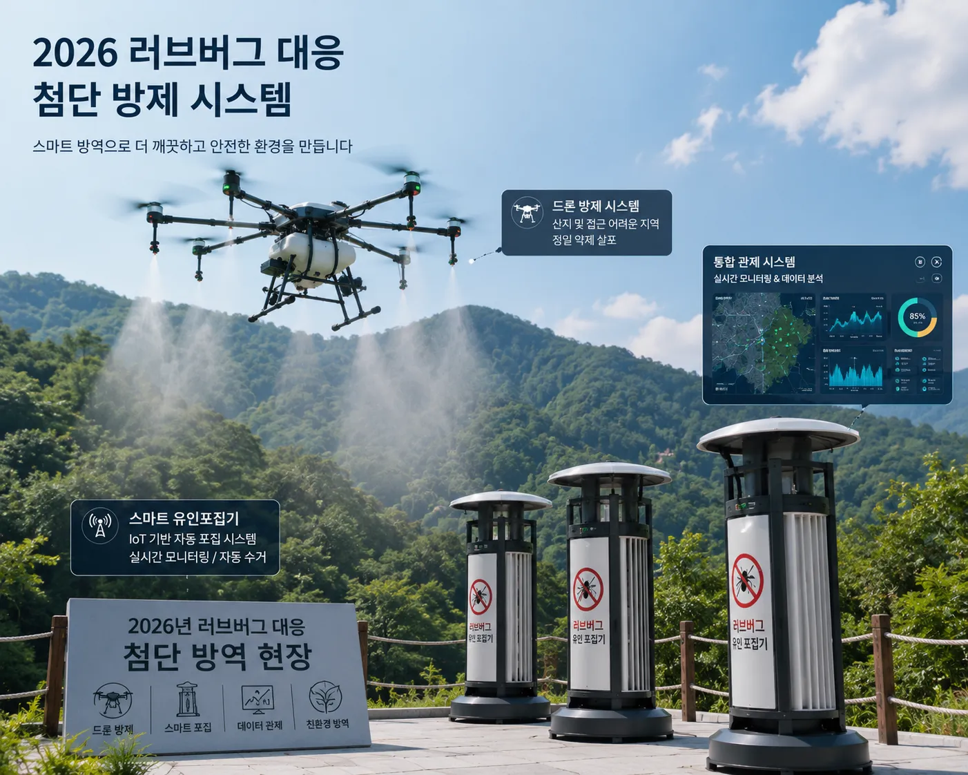 러브버그 방제를 위해 산지에 드론으로 Bti 미생물 제제를 살포하는 장면. 2026년 정부의 첨단 방제 대책을 보여준다