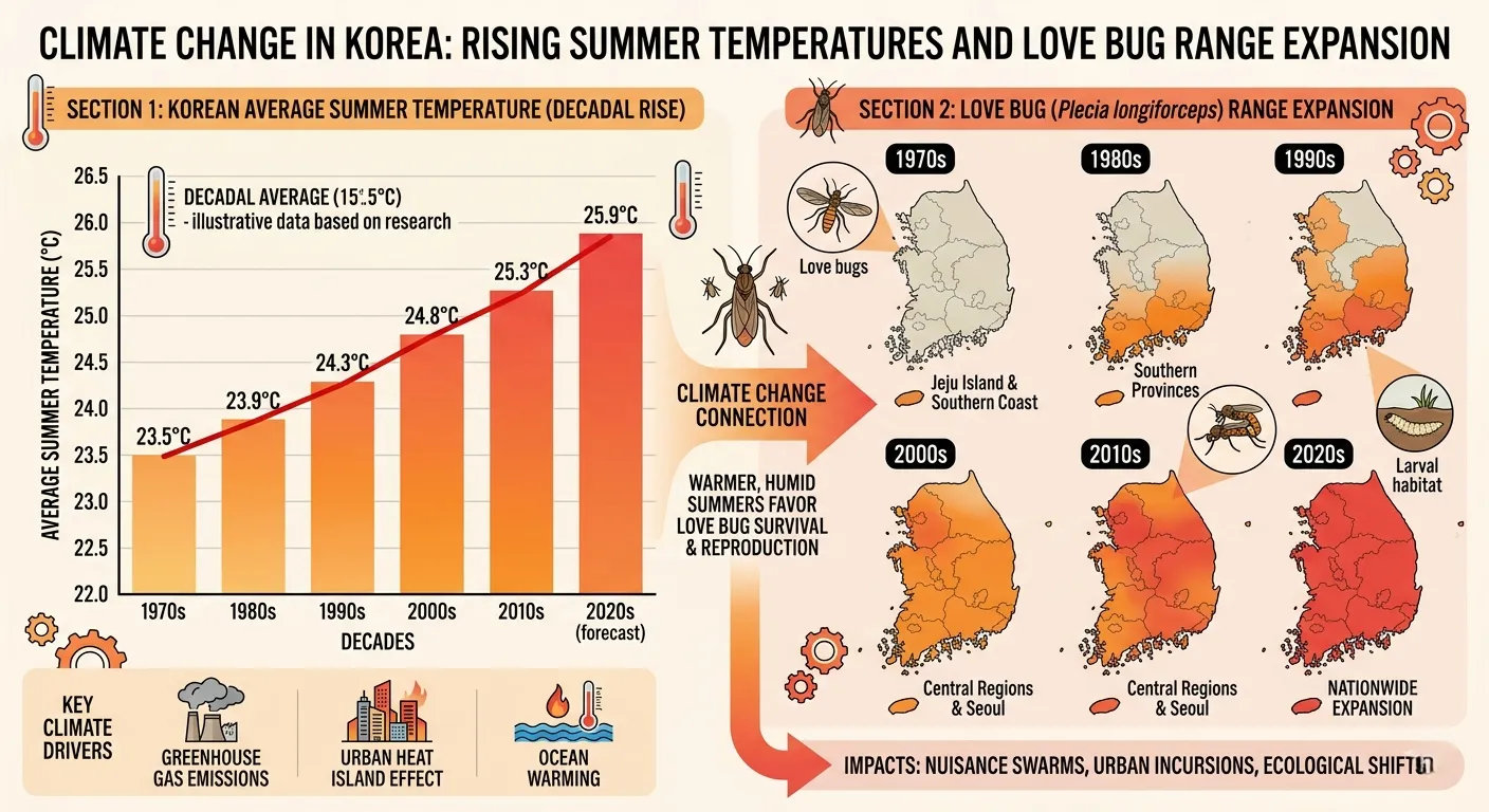 Infographic showing the correlation between rising Korean summer temperatures and the expanding geographic range of Love Bugs from 2015 to 2026. Illustrates how climate change is driving the subtropical insects northward.