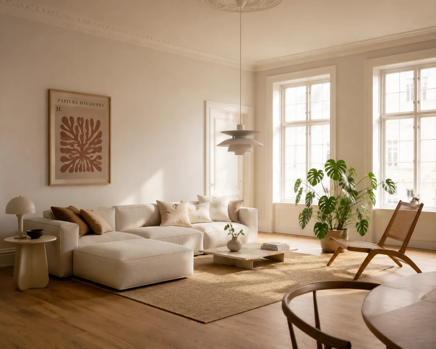 Danish minimal living room — oak floor, ivory linen sofa, PH pendant light, monstera plant, warm natural light in Copenhagen style