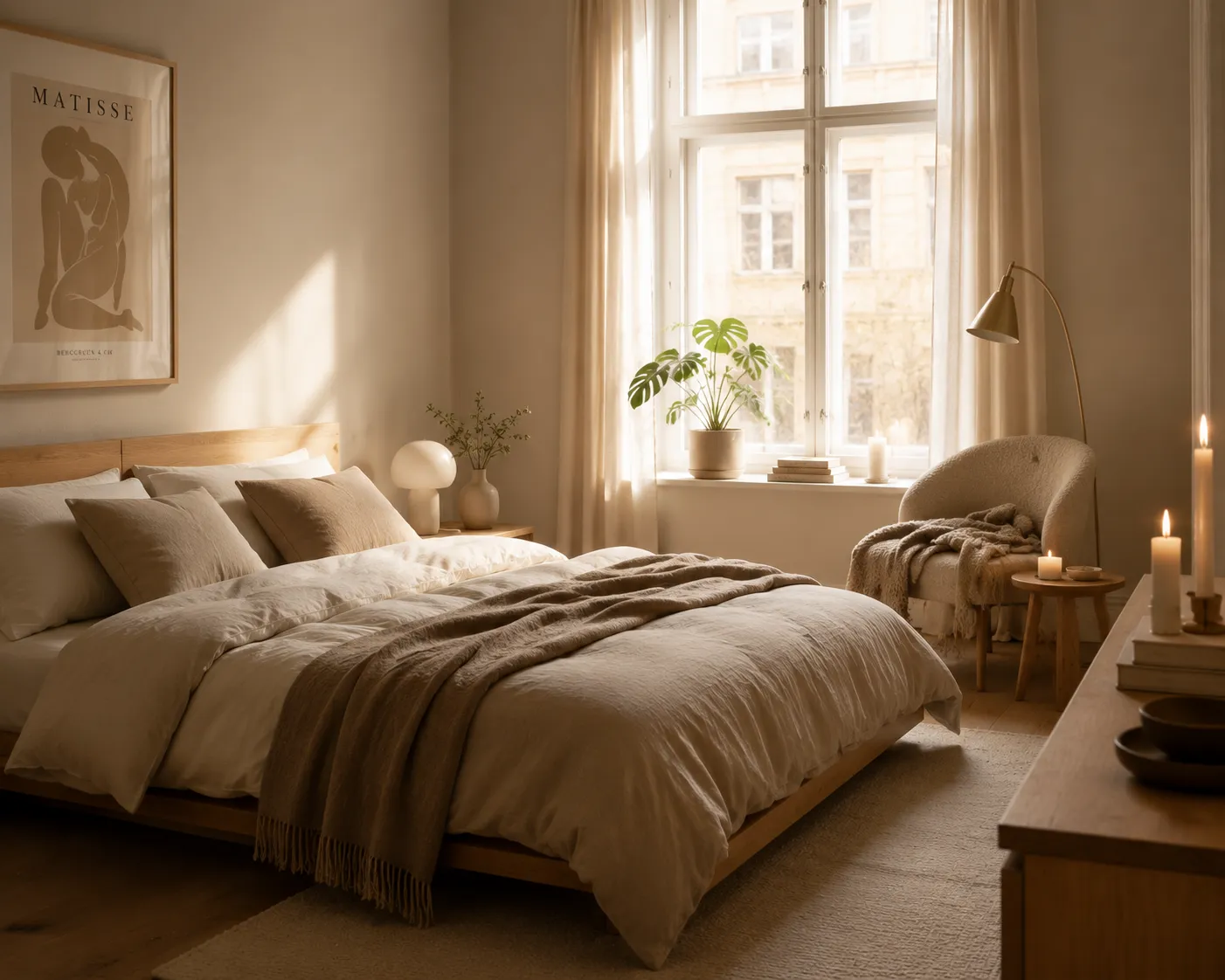 Danish Scandinavian bedroom — layered linen bedding, low oak bed frame, cozy window nook with wool throw and morning light