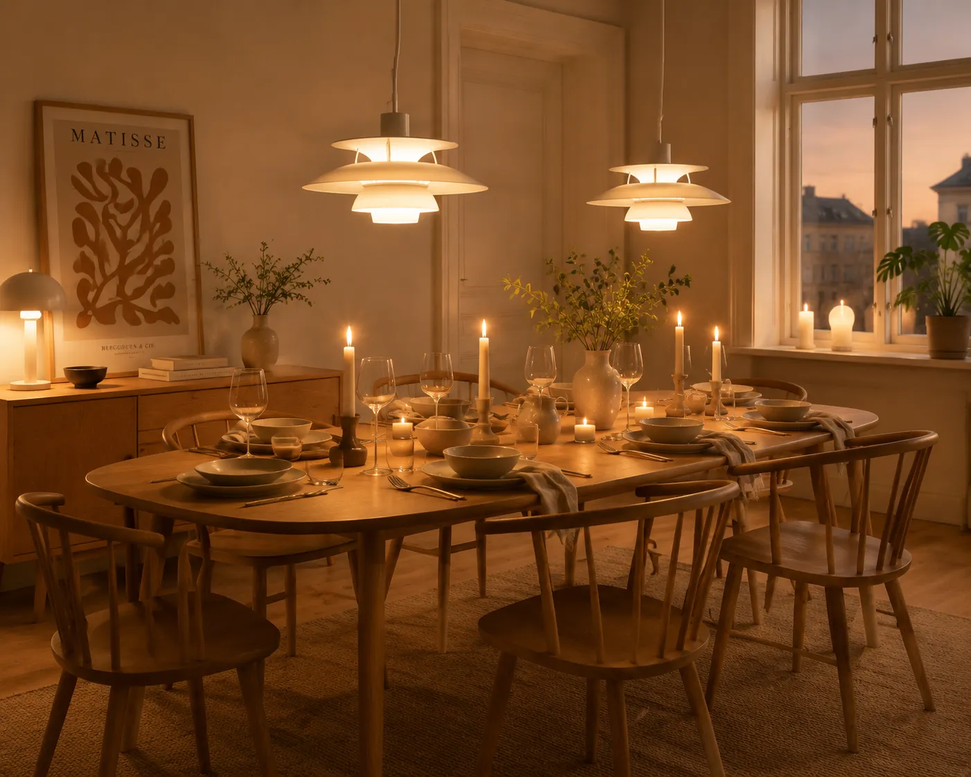 Danish dining room — oak table, HAY-style chairs, PH pendant lamps, grouped candle holders, ceramic tableware in warm golden evening light