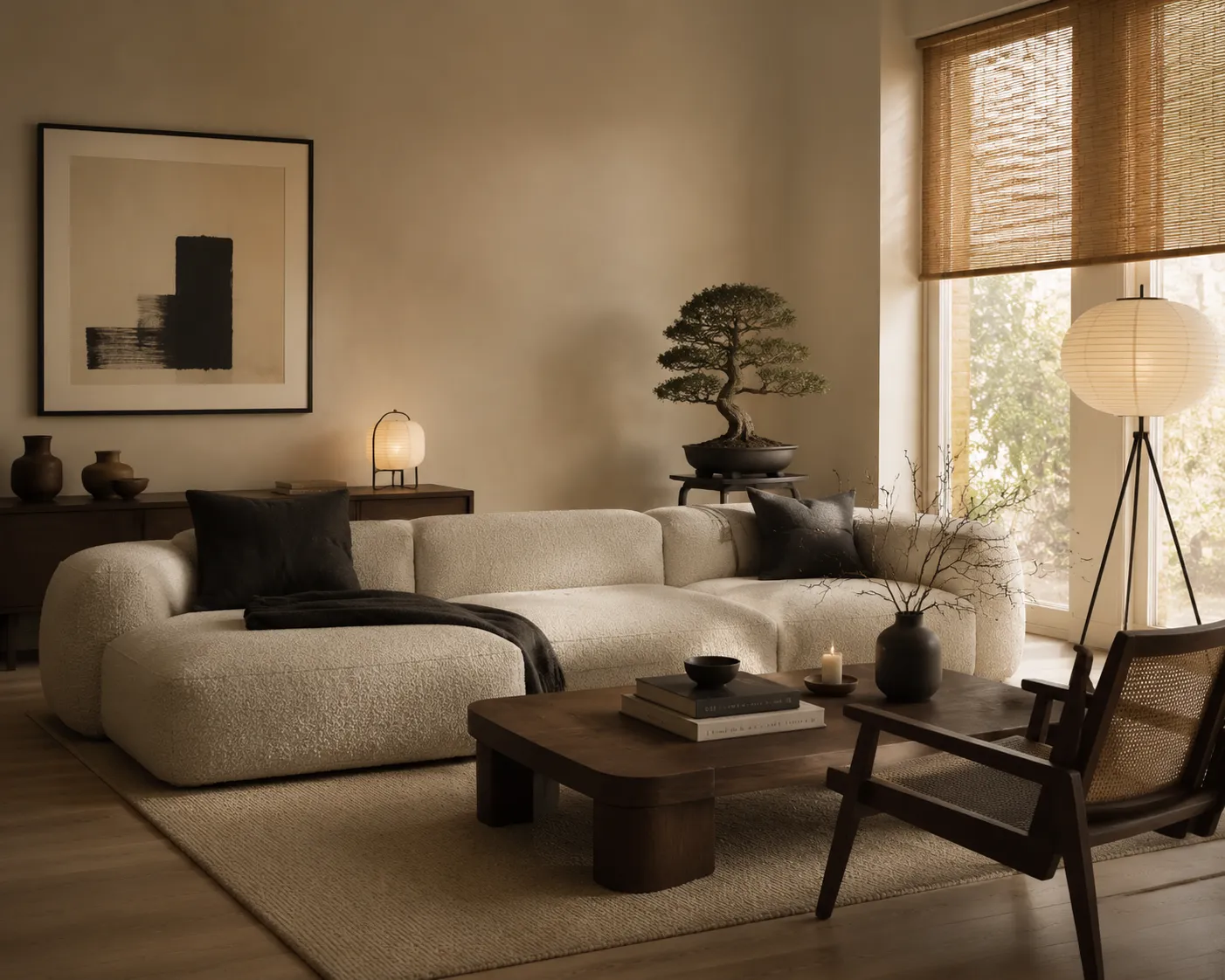 Japandi living room — low boucle sofa, dark walnut coffee table, bonsai, bamboo blinds, off-white and charcoal palette