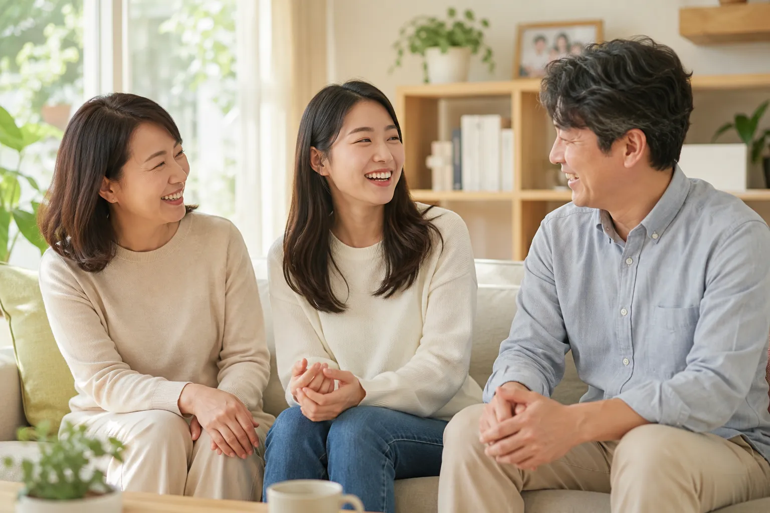 부모와 성인 자녀가 거실에서 대화하며 진심으로 웃고 있는 따뜻한 가족 장면 - 존경받는 부모의 모습