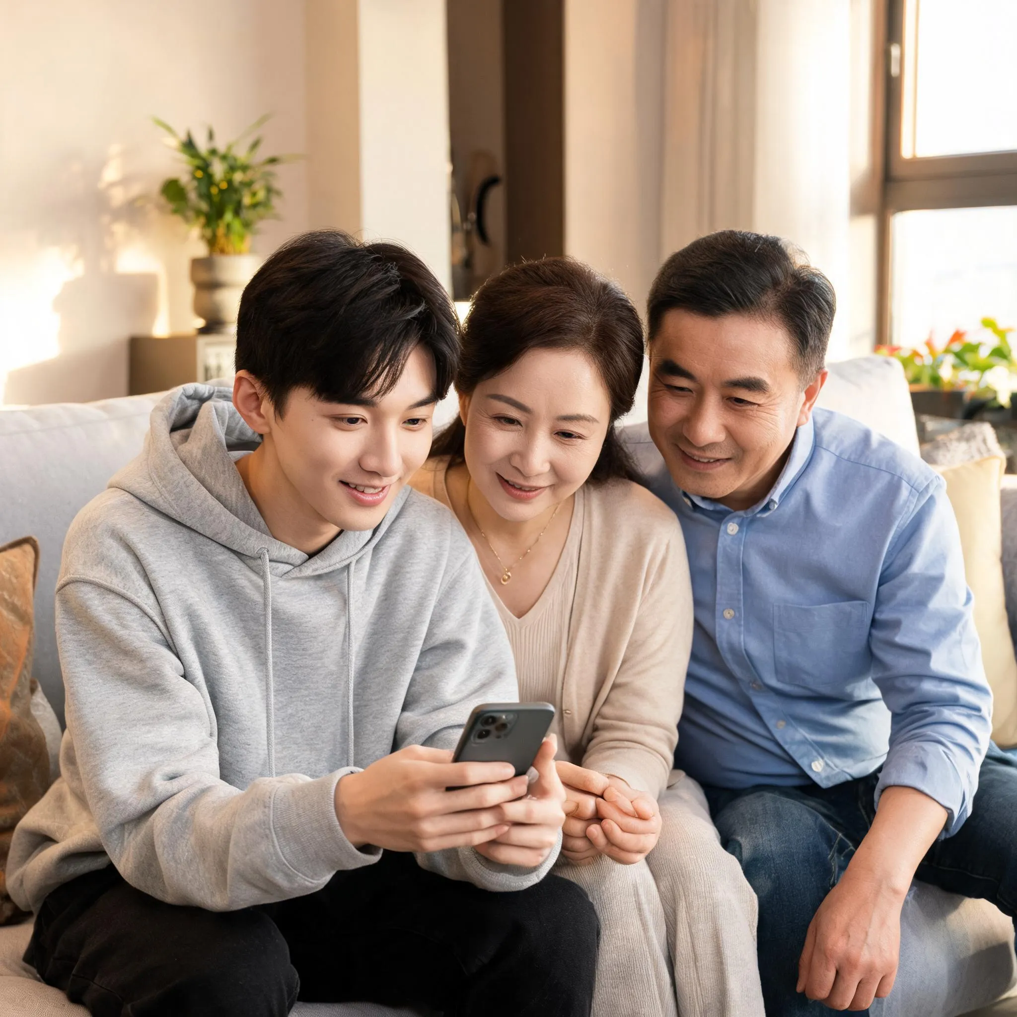 부모와 자녀가 함께 스마트폰을 보며 대화하는 장면 - 세대 간 소통과 상호 이해의 중요성