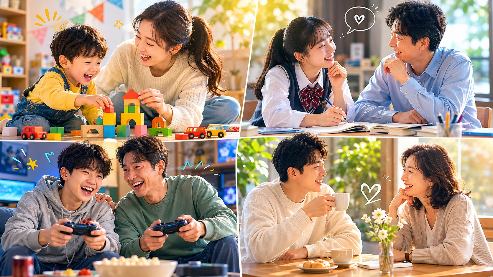 다양한 나이의 자녀와 부모가 함께하는 따뜻한 가족 장면 - 나이별 맞춤 소통의 중요성