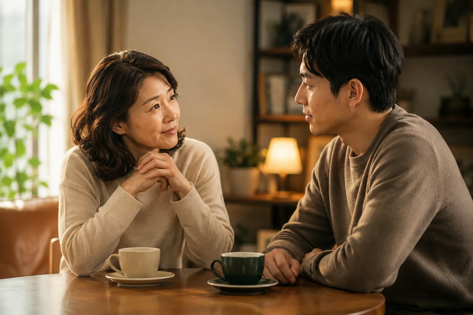 부모와 성인 자녀가 카페에서 따뜻한 대화를 나누는 장면 - 존중과 신뢰가 쌓인 건강한 부모 자녀 관계