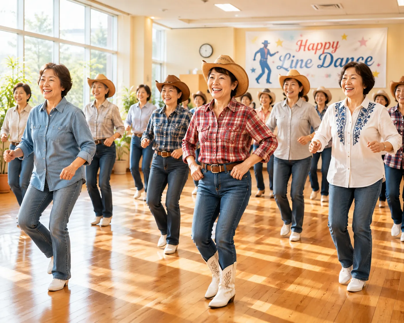 Diverse group of people of all ages smiling and enjoying line dancing together outdoors in a healthy, active lifestyle setting