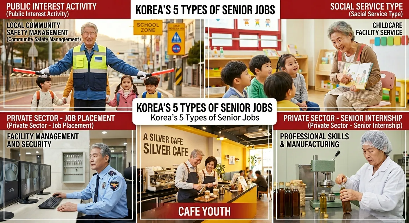 Korea's five senior job types in 2026 — public benefit activities, social service, market-type, senior internship, and job referral