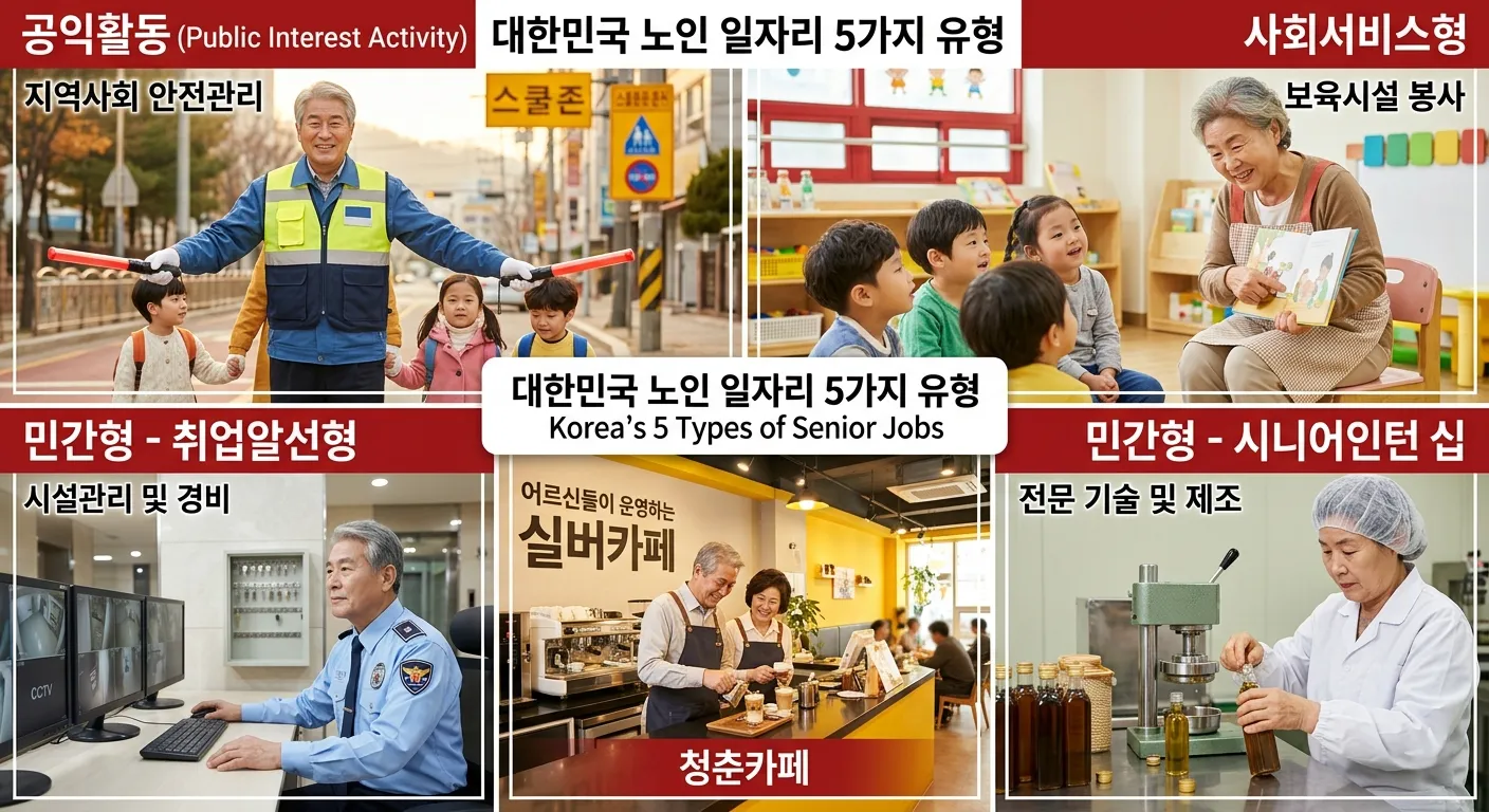 2026년 노인 일자리 5대 유형 — 공익활동형, 사회서비스형, 시장형, 시니어인턴십, 취업알선형 현장 콜라주