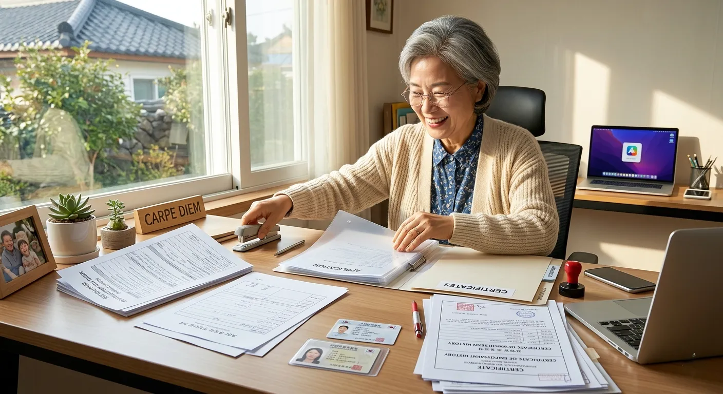 Senior applicant preparing documents for Korea's 2026 senior job program — ID, Basic Pension certificate, and certification copies