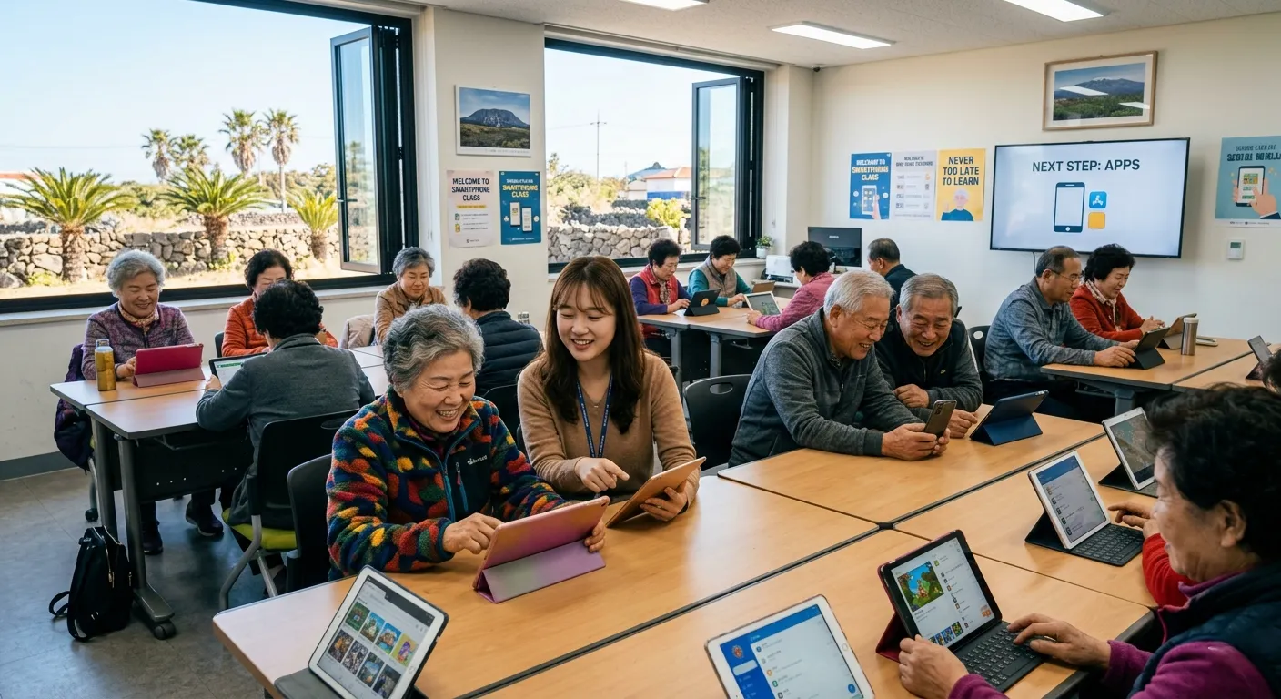 Korean seniors attending digital literacy training — a key scoring factor for Korea's 2026 senior job program