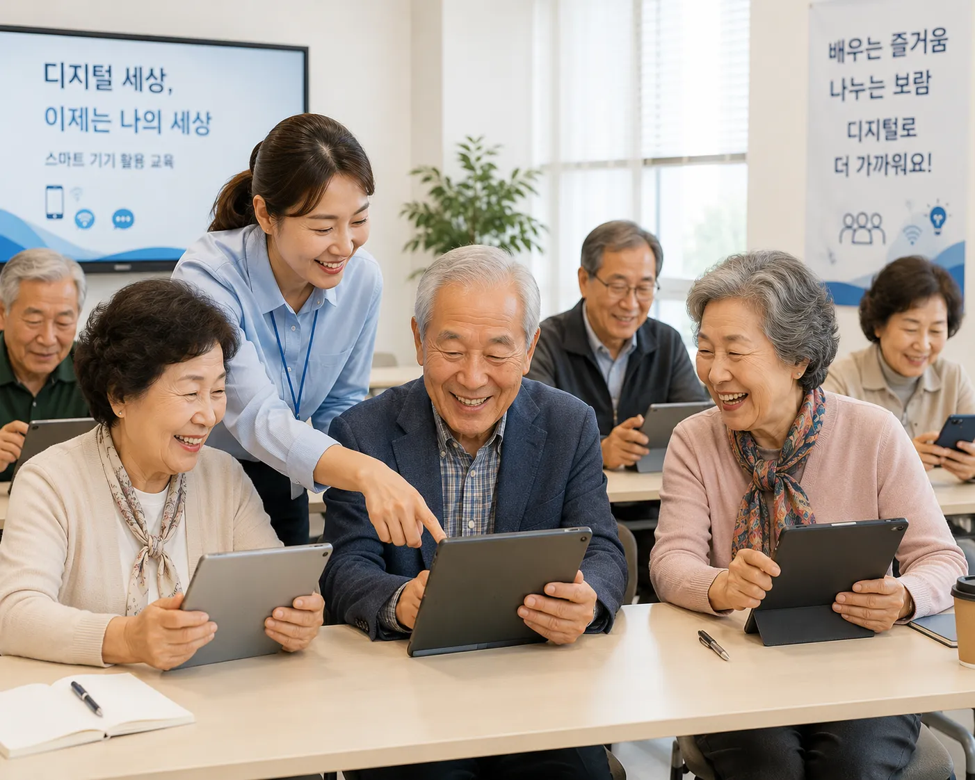 디지털 역량 교육을 받는 60대 시니어들 — 2026년 노인 일자리 가점 항목 강화