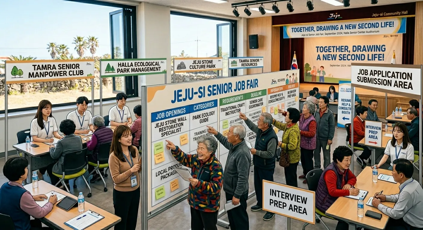 Korea senior job fair 2026 — elderly attendees browse job listings and receive guidance at information booths