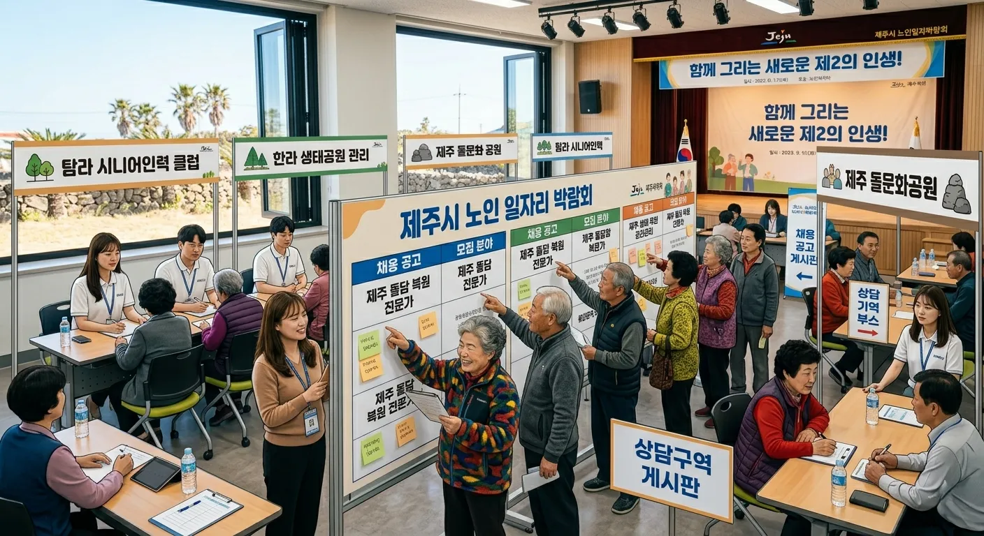 서울 마포구 노인일자리 박람회 현장 — 어르신들이 채용공고 게시판과 상담 부스를 살펴보는 모습 (2026년)