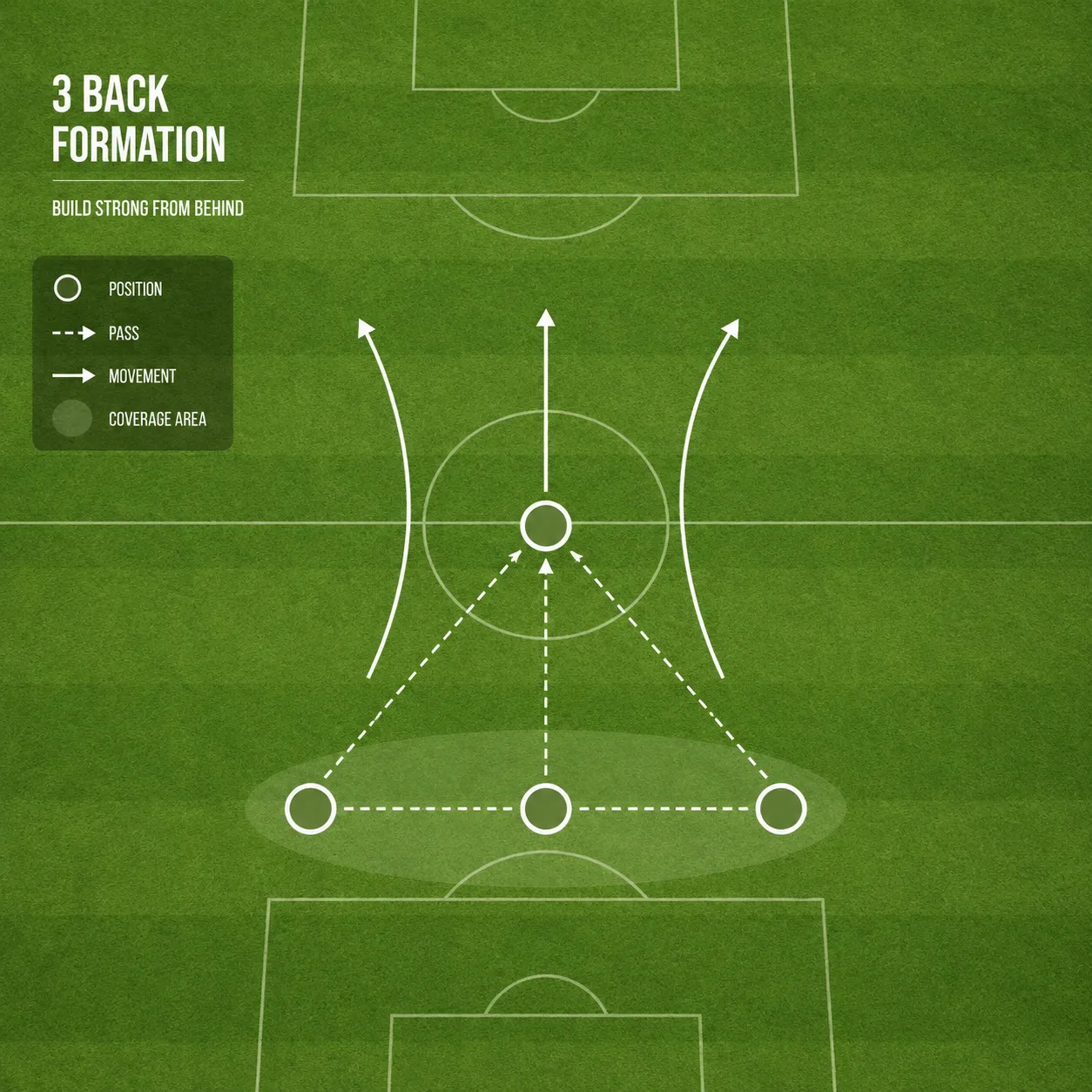 Aerial view of a green football pitch with a minimalist three-back formation tactical diagram overlay