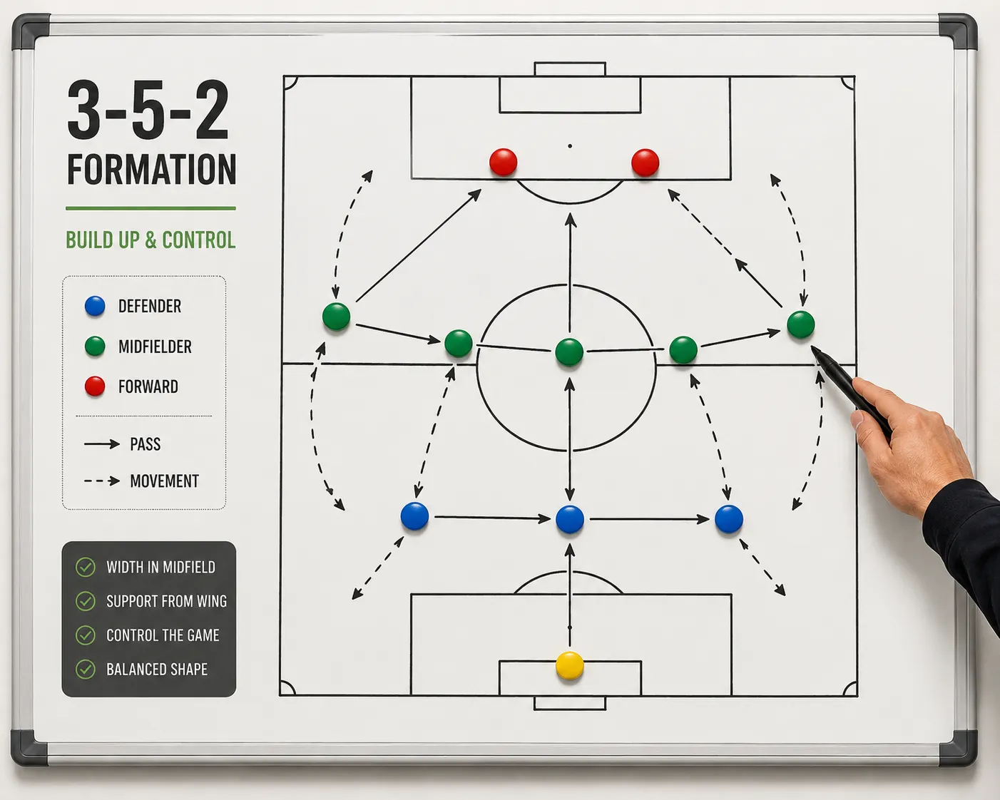 A 3-5-2 formation diagram drawn on a tactics whiteboard, with a coach's hand pointing at it, infographic style