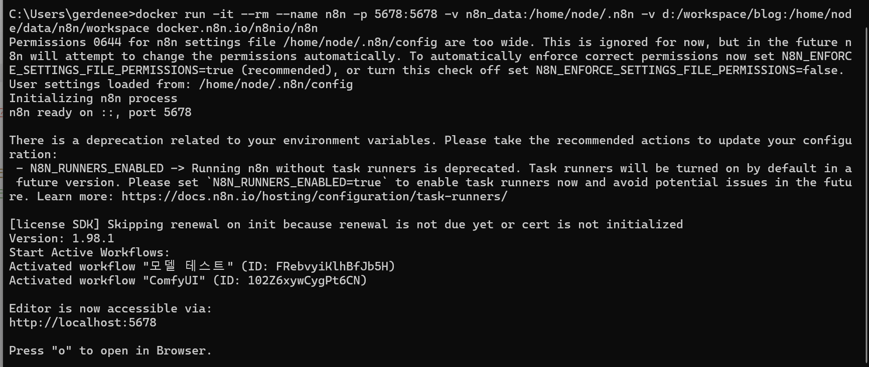 Terminal output showing Docker and Docker Compose version check commands.