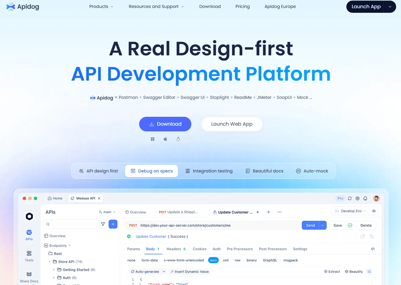 Apidog 웹사이트의 다운로드 섹션 스크린샷