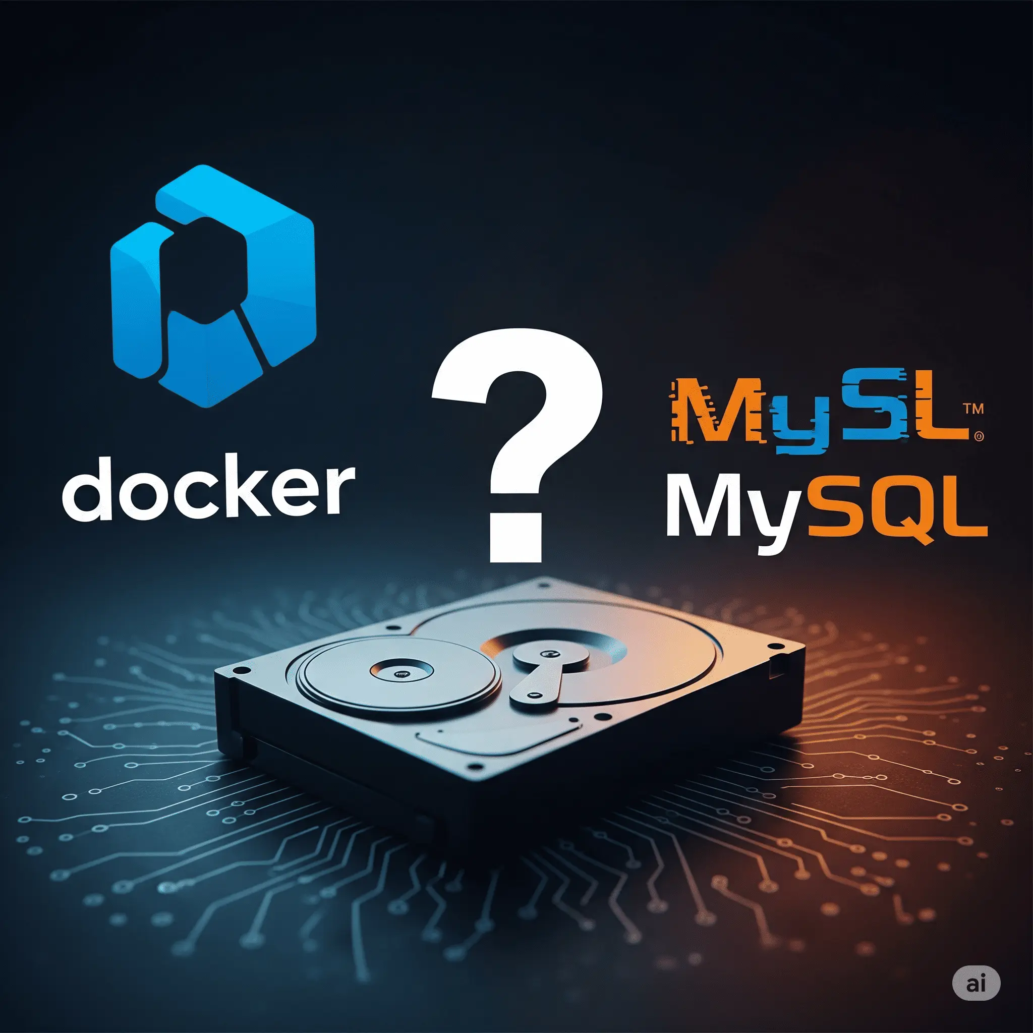 A hard drive with Docker and MySQL logos, visually representing a disk space problem.