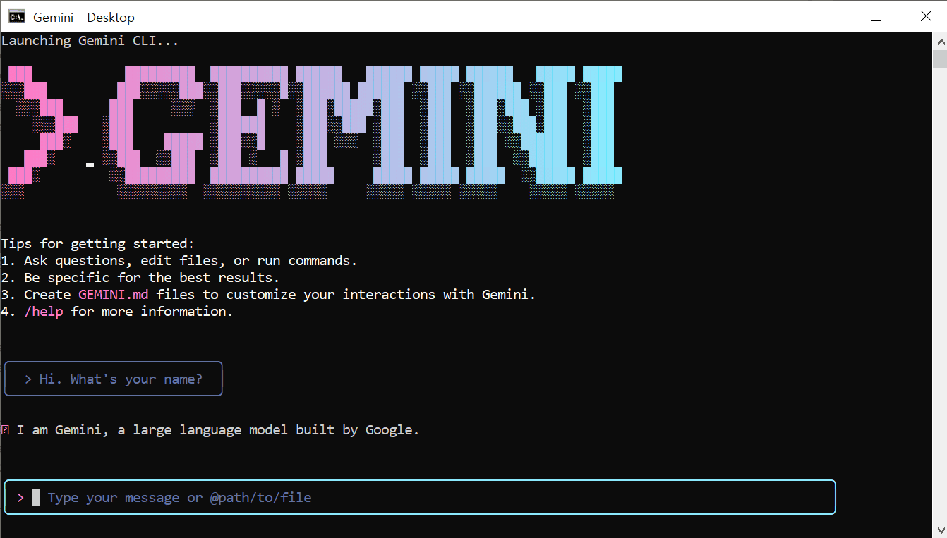 A screen showing Gemini CLI successfully running in the terminal
