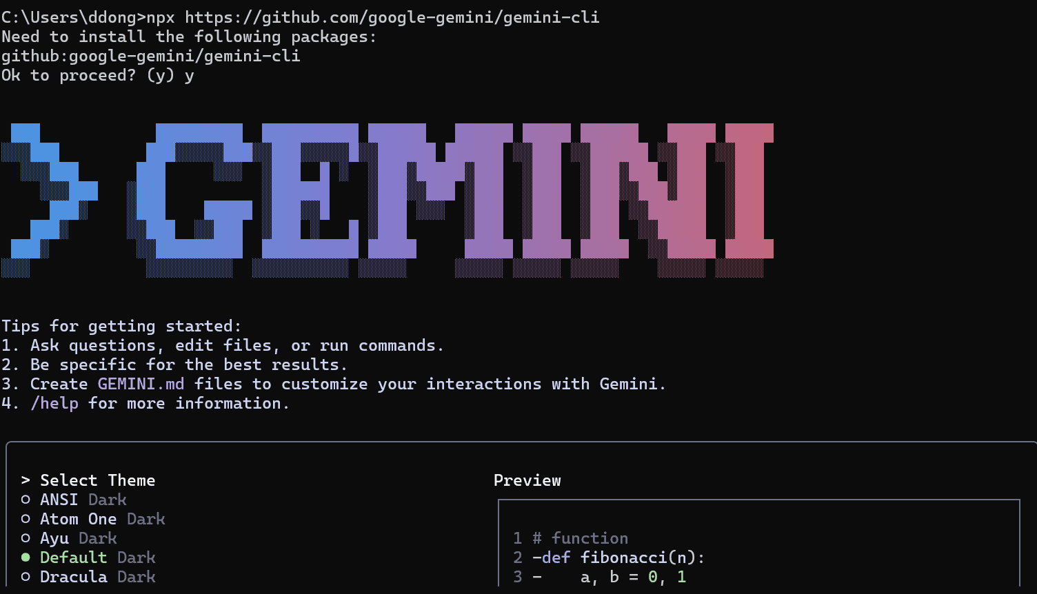 A screenshot showing Gemini CLI running in a terminal and prompting for theme selection.