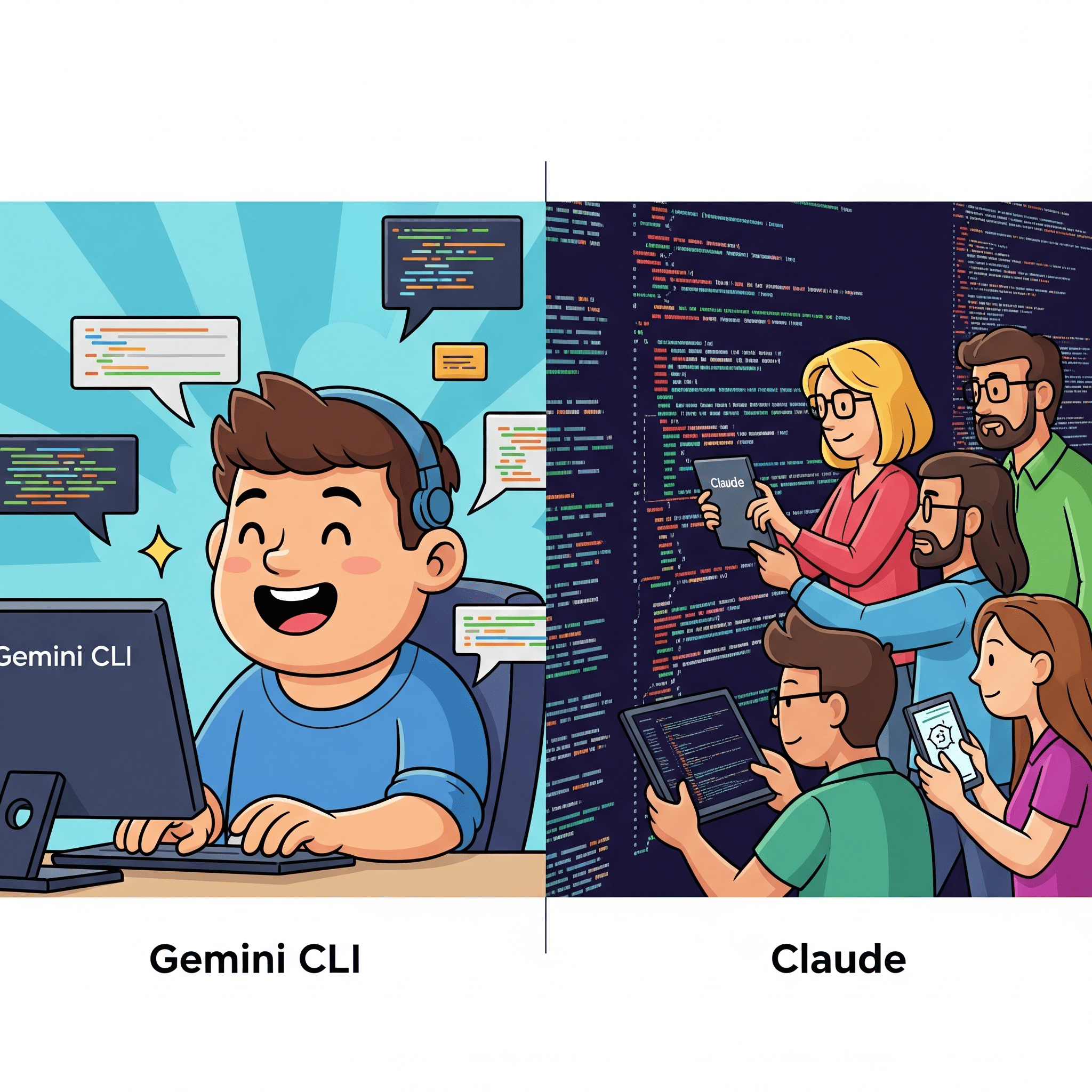A split-image showing a solo developer happily coding with Gemini CLI on the left, and a team analyzing a complex project with Claude Code on the right.