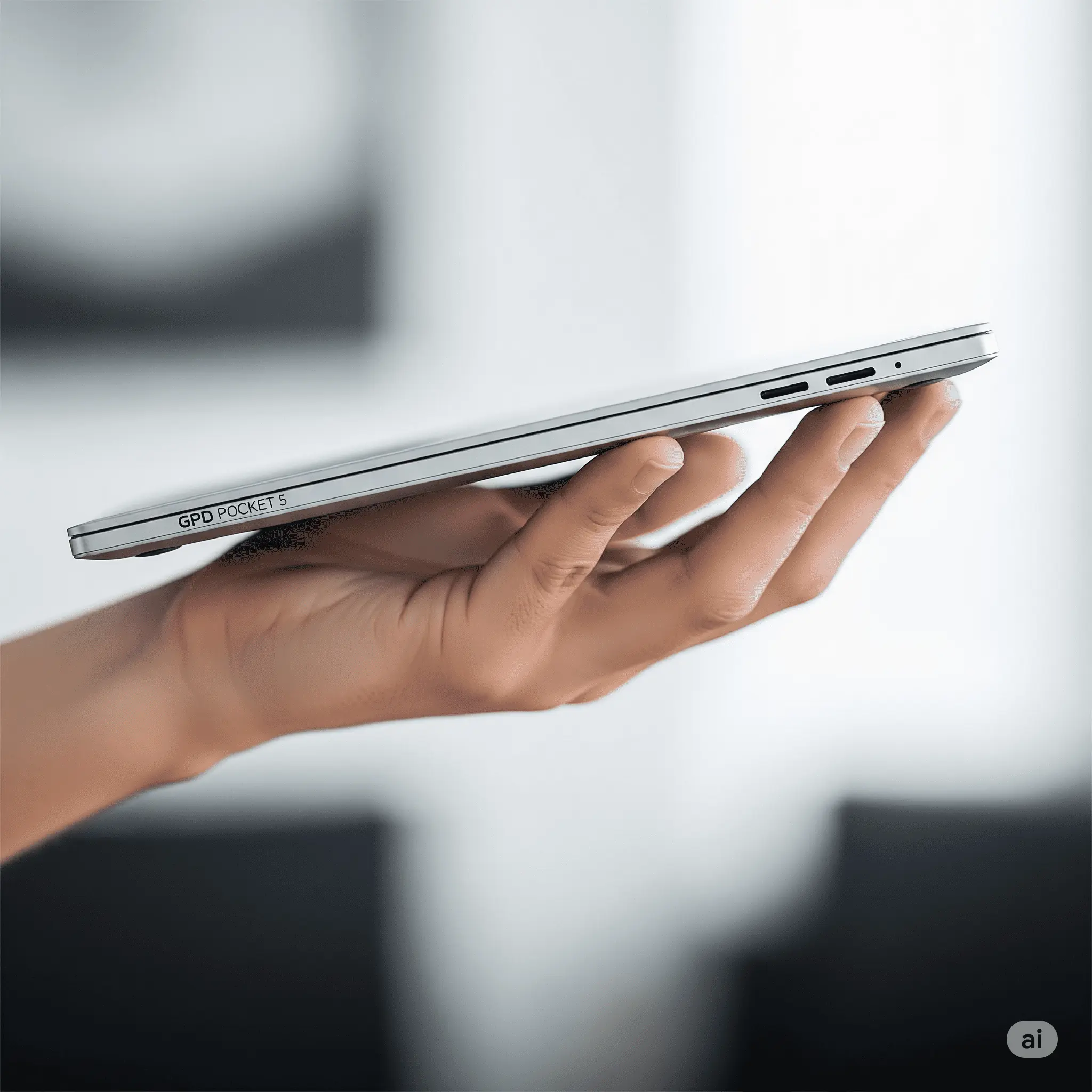 The GPD Pocket 5 being held lightly in one hand