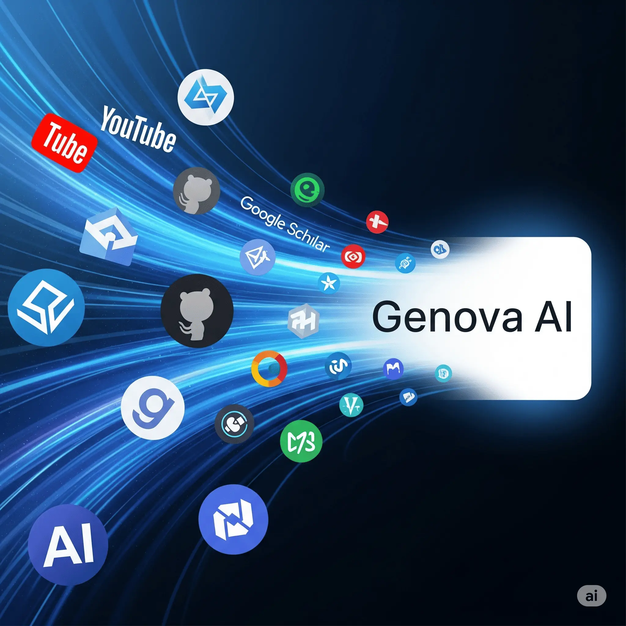 A visualization of logos from various platforms like YouTube, GitHub, and Google Scholar connecting to a central hub of Jenova AI.